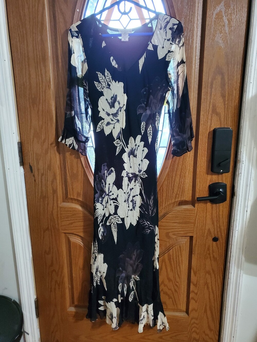Paradise NY Black Floral Sequin Beaded Maxi Dress Bell Sleeve Boho Y2K M